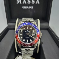 MASSA AUTOMATIC STEEL WATCH, SUB 10ATM, STEEL, BLACK DIAL, BLUE AND RED DIAL