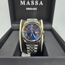 MASSA QUARTZ WATCH in steel, blue dial with Roman numerals and date, bottom and screw crown.