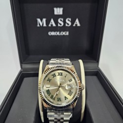 MASSA quartz WATCH, steel, steel dial with green Roman numerals and date display, water resistant 5 ATM